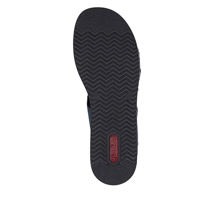 Blaue Rieker Damen Pantoletten 62986-14 mit Strasssteinen sowie Klettverschluss. Schuh Laufsohle.