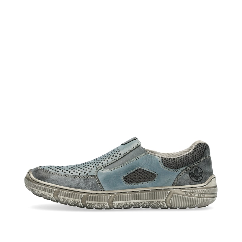 Blaue Rieker Herren Slipper 04051-12 mit einem Gummizug sowie der Extraweite H. Schuh Außenseite.