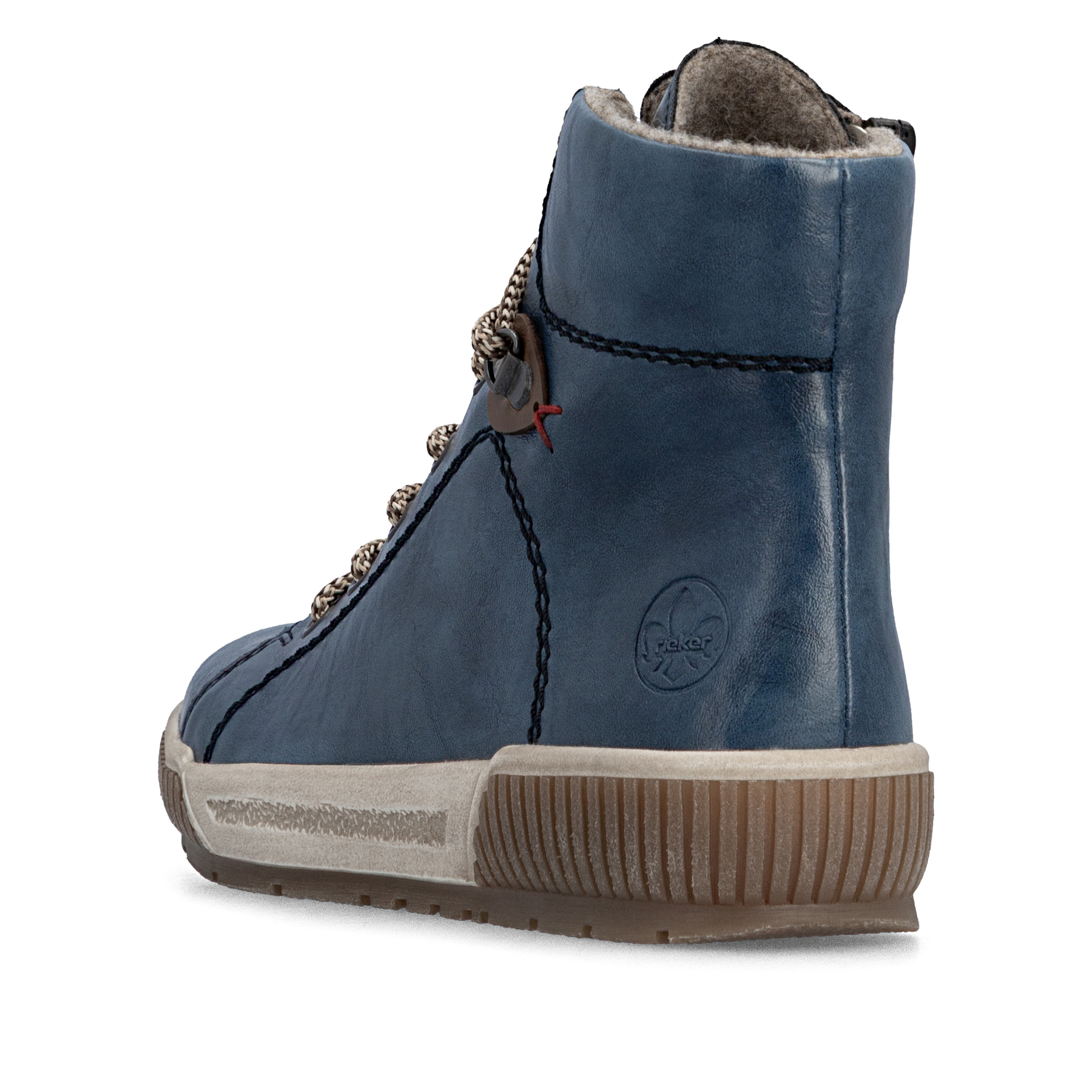 Dunkelblaue Rieker Damen Kurzstiefel N0730-14 mit einem Reißverschluss. Schuh von hinten.
