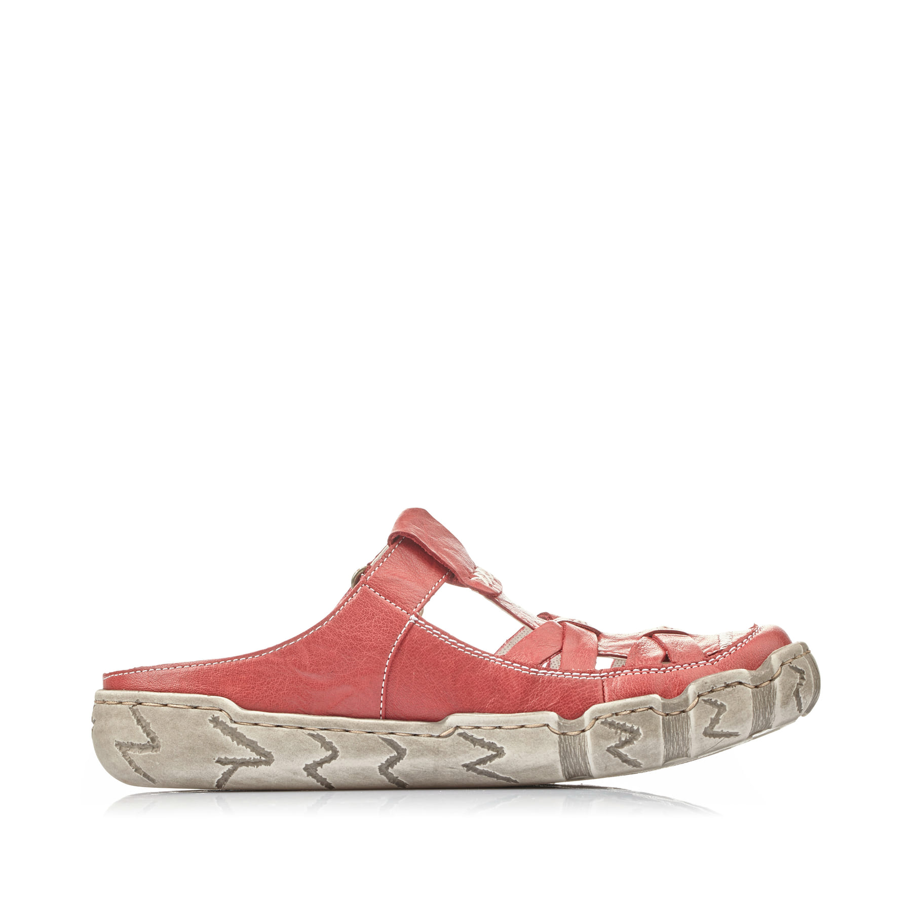 Rote Rieker Damen Clogs L0396-33 mit handgestickten Nähten sowie Klettverschluss. Schuh Innenseite.