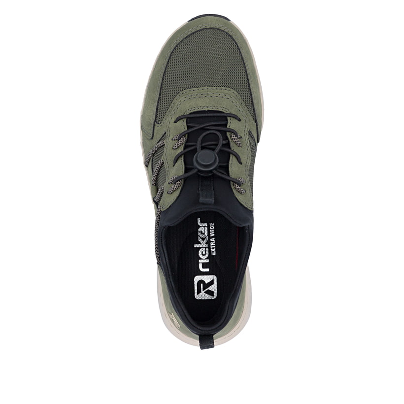Khaki-schwarze Rieker Damen Slipper 53153-54 mit Gummizug sowie der Extraweite H. Schuh von oben.