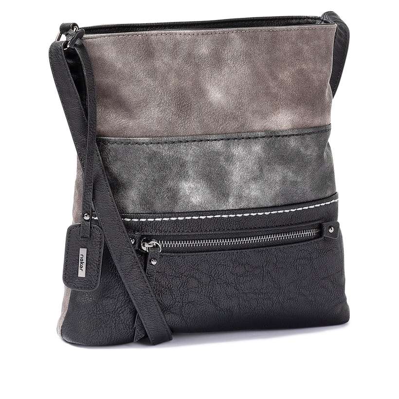 Sac bandoulière Rieker H1301-45 en gris avec finition métallisée, fermeture éclair et poche pour téléphone portable. Côté gauche.
