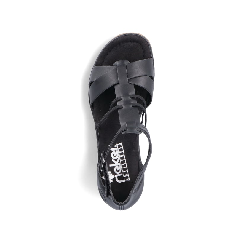Schwarze Rieker Keilsandaletten 67480-01 mit trendigen Schnalle. Schuh von oben.
