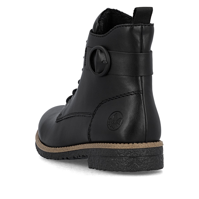 Schwarze Rieker Damen Schnürstiefel 73520-00 mit Deko-Schnalle. Schuh von hinten.