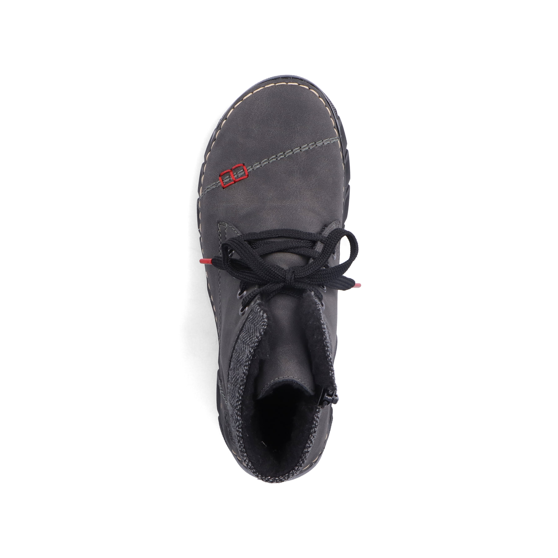 Graue Rieker Damen Schnürstiefel 55031-45 mit einer schockabsorbierenden Sohle. Schuh von oben