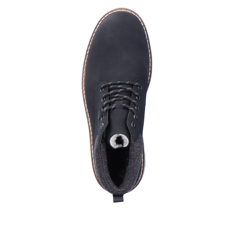 Urbanschwarze Rieker Herren Schnürstiefel 38419-00 mit einer robusten Profilsohle. Schuh Laufsohle
