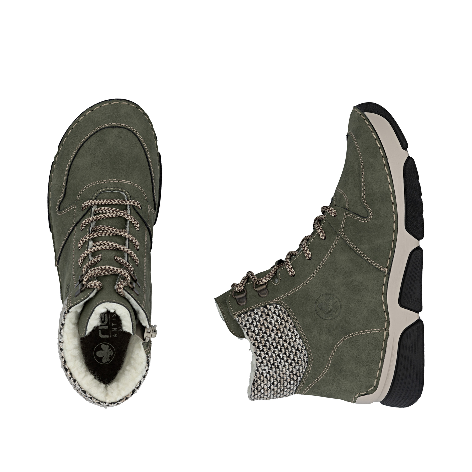 Khaki-schwarze Rieker Damen Schnürstiefel 45955-54 mit Strick-Kragen. Schuh von oben, liegend.