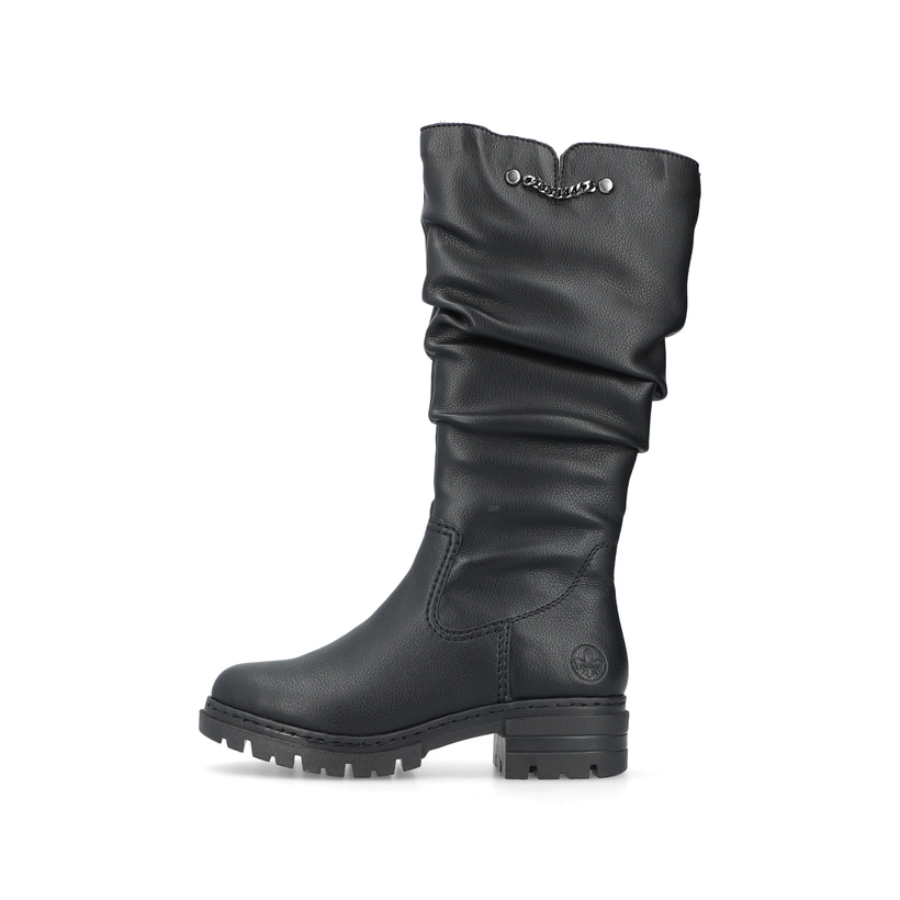 
Nachtschwarze Rieker Damen Hochschaftstiefel 76891-00 mit einer robusten Profilsohle. Schuh Außenseite