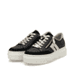 Schwarze Rieker Damen Sneaker Low M1912-00 mit einem Reißverschluss. Schuhpaar seitlich schräg.