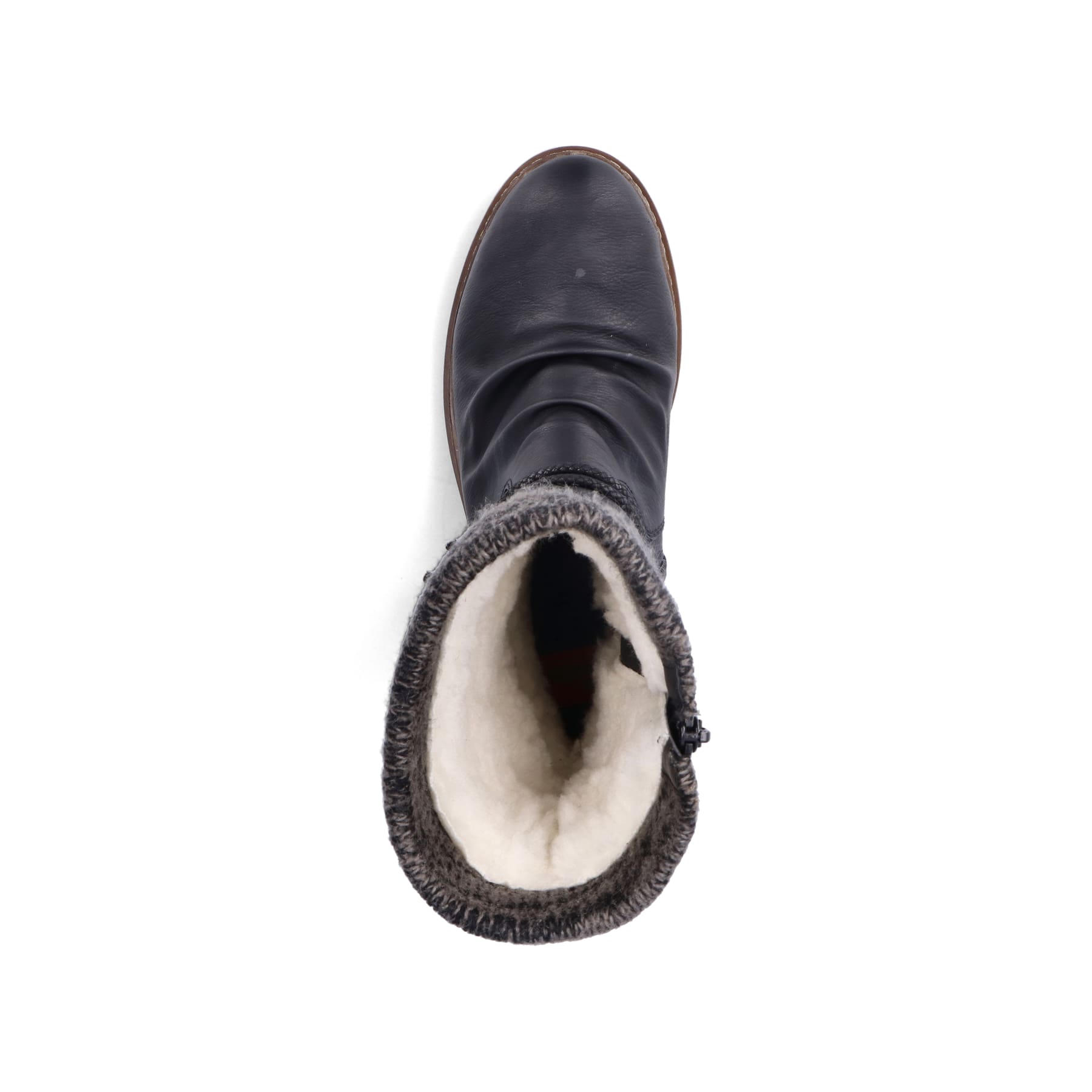 Schwarze Rieker Damen Hochschaftstiefel Z4755-00 mit Strick-Kragen. Schuh von oben.