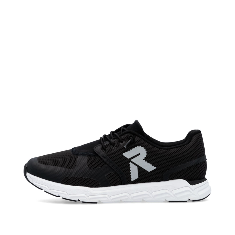 Schwarze Rieker Damen Sneaker Low M9000-00 mit einer Gummischnürung. Schuh Außenseite.