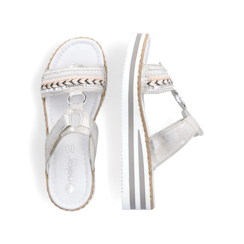 Graue Rieker Damen Pantoletten V02M6-40 mit modischen Flechtelementen. Schuh von oben, liegend.