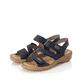 Blaue Rieker Damen Riemchensandalen V27Z0-15 mit einem Klettverschluss. Schuhpaar seitlich schräg.