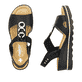 Schwarze Rieker Keilsandaletten 67498-00 mit Gummizug sowie sehr leichter Sohle. Schuh von oben, liegend.