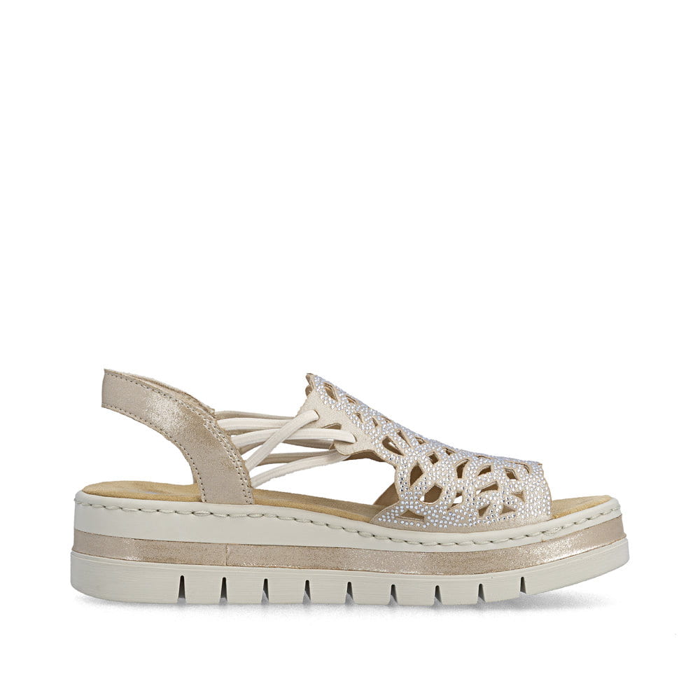 Beige Rieker Keilsandaletten V4941-60 mit Strasssteinen sowie einem Gummizug. Schuh Innenseite.