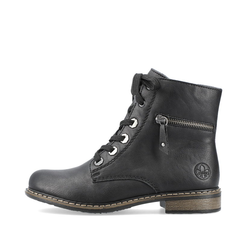 
Tiefschwarze Rieker Damen Biker Boots 71208-00 mit Schnürung und Reißverschluss. Schuh Außenseite