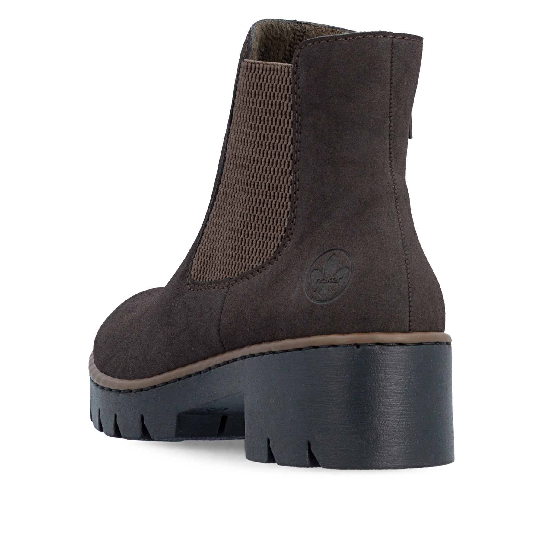Dunkelbraune Rieker Damen Chelsea Boots X5772-25 mit einem Reißverschluss. Schuh von hinten.