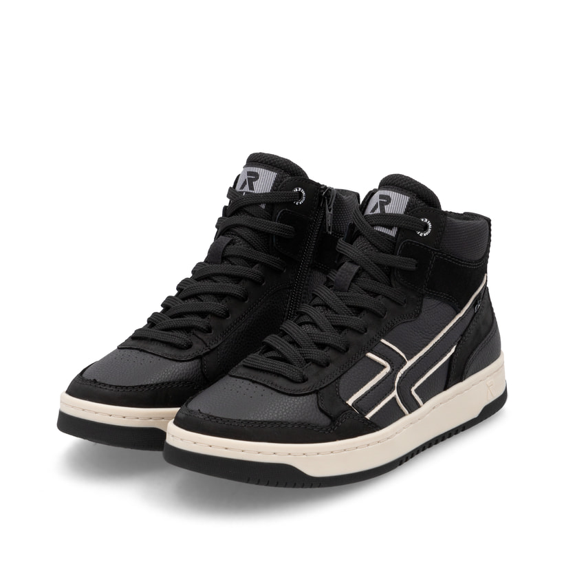 Baskets montantes Rieker noires pour femme W1970-00. Chaussures inclinées sur le côté.