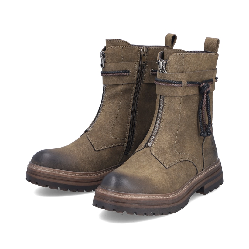 Hellgrüne Rieker Damen Biker Boots 93068-54 mit modischer Kordel. Schuhpaar seitlich schräg.