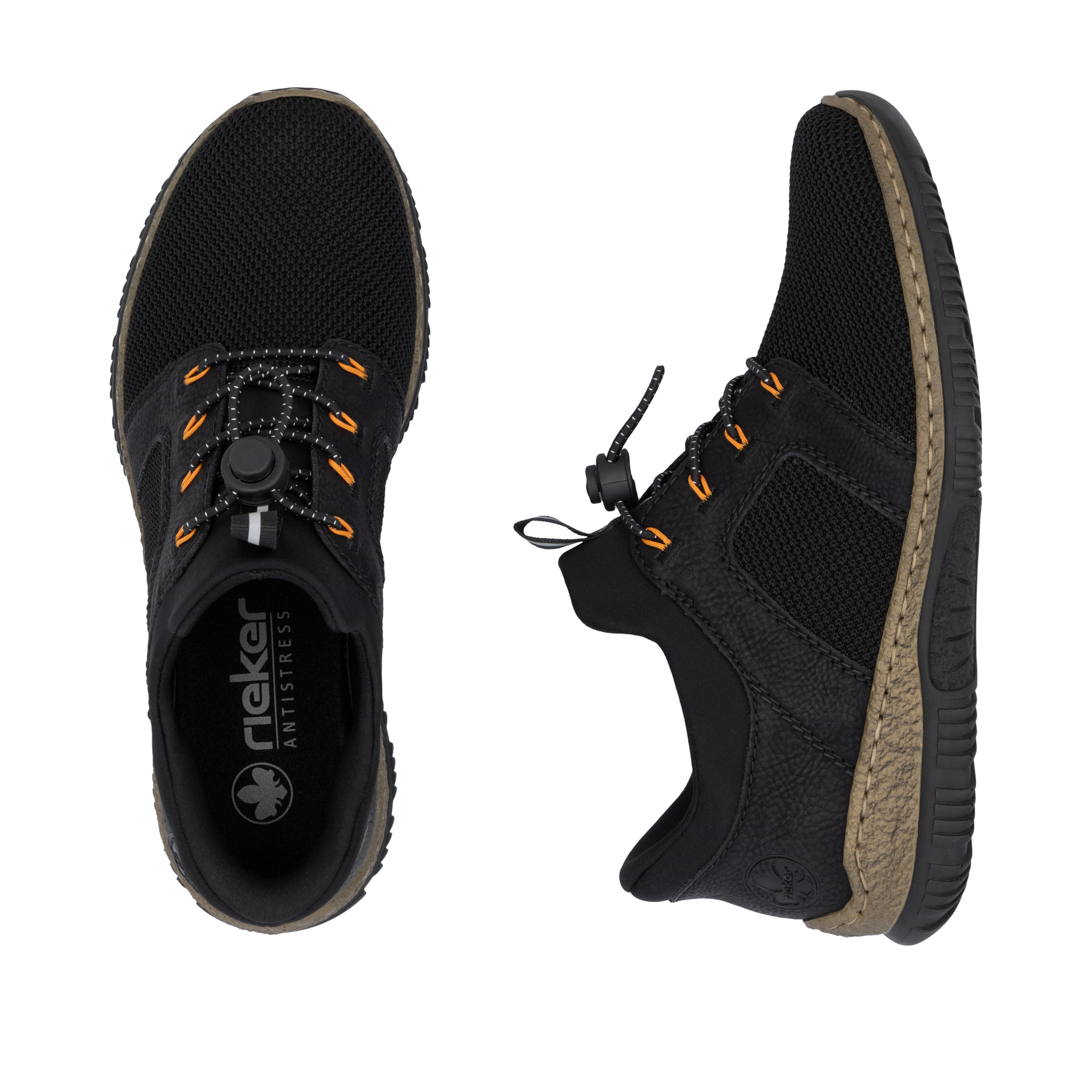 Mocassins Rieker noirs pour femme N32G4-00 avec fonction easy in Ready2GO. Chaussure vue de dessus, couchée.