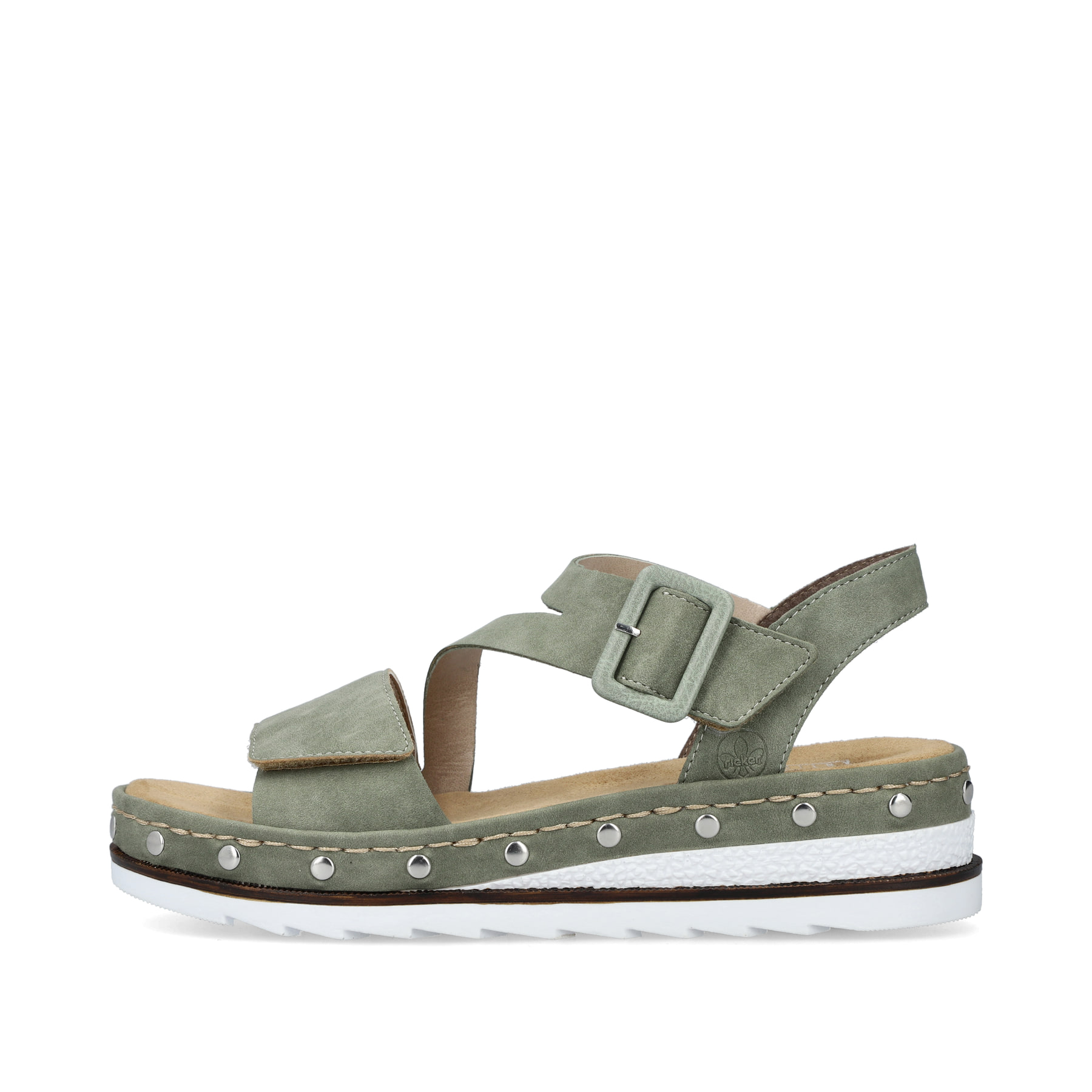 Grüne Rieker Keilsandaletten V7964-52 mit einem Klettverschluss. Schuh Außenseite.