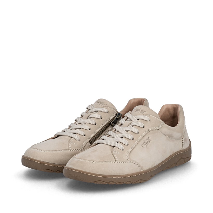 Beige Rieker Herren Schnürschuhe 08300-62 aus Rauleder, Barfußschuhe. Schuhpaar seitlich schräg.