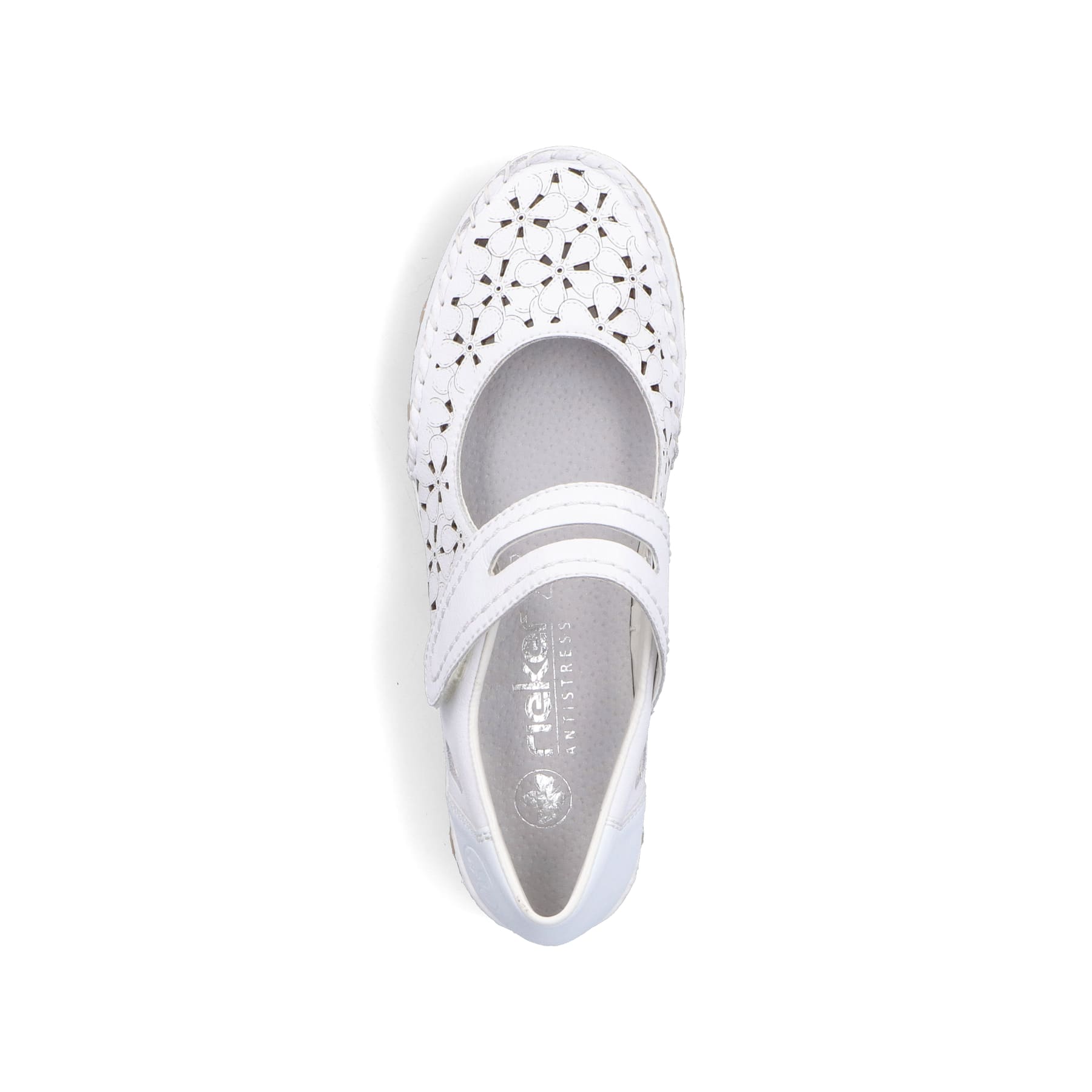 Weiße Rieker Ballerinas 49977-80, Barfußschuhe mit einem Klettverschluss. Schuh von oben.