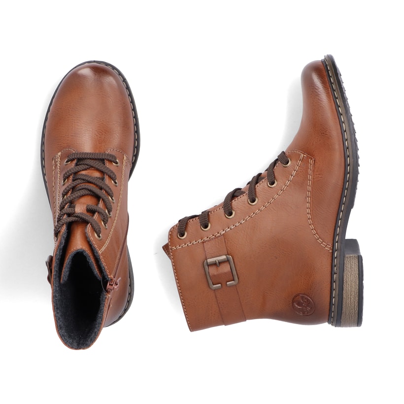 Braune Rieker Damen Schnürstiefel 71202-24 mit Deko-Schnalle. Schuh von oben, liegend.