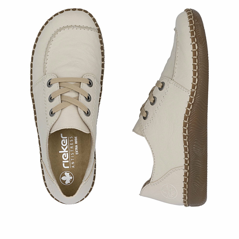 Beige Rieker Damen Schnürschuhe N2402-60 aus Glattleder. Schuh von oben, liegend.