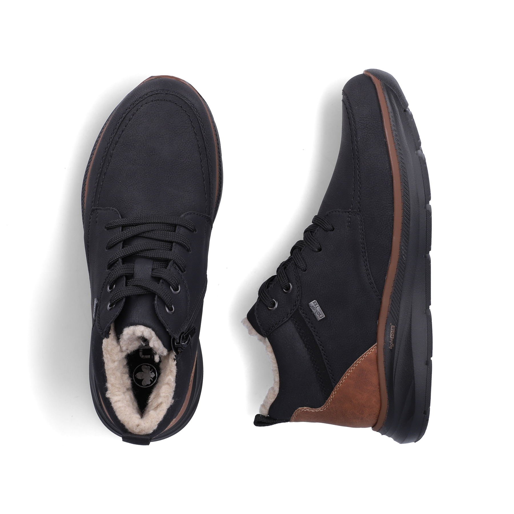 Schwarze Rieker Herren Schnürstiefel B1824-00 mit wasserabweisender TEX-Membran. Schuh von oben, liegend.