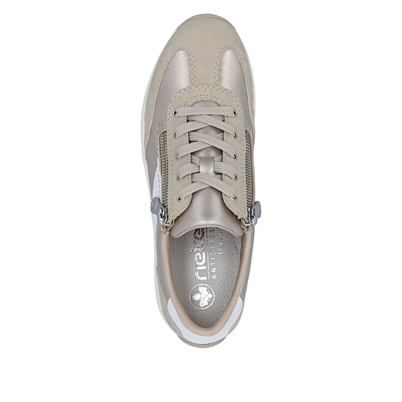 Beigeweiße Rieker Damen Schnürschuhe N1103-90 mit metallischem Finish. Schuh von oben.