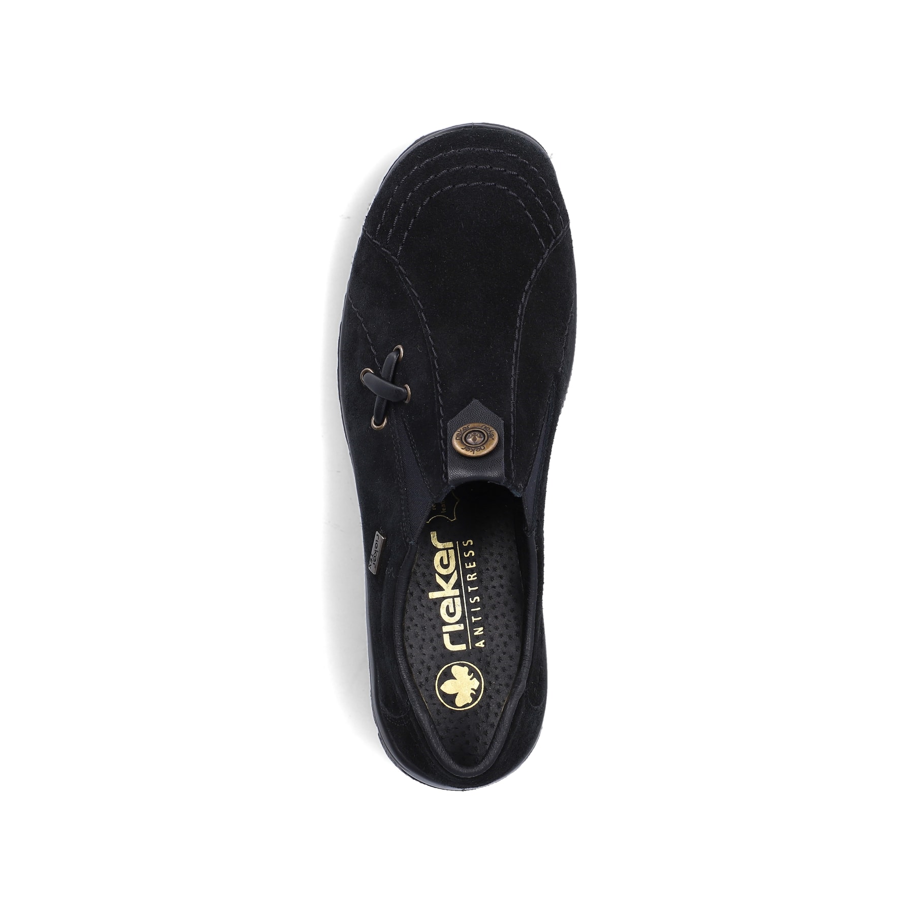 Tiefschwarze Rieker Damen Slipper L7171-00 mit einer schockabsorbierenden Sohle. Schuh Laufsohle