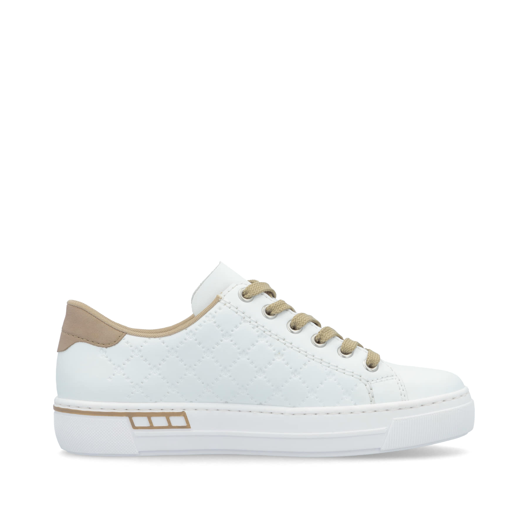 Weiße Rieker Damen Sneaker Low L88W2-80 in Löcheroptik mit einer Schnürung. Schuh Innenseite.
