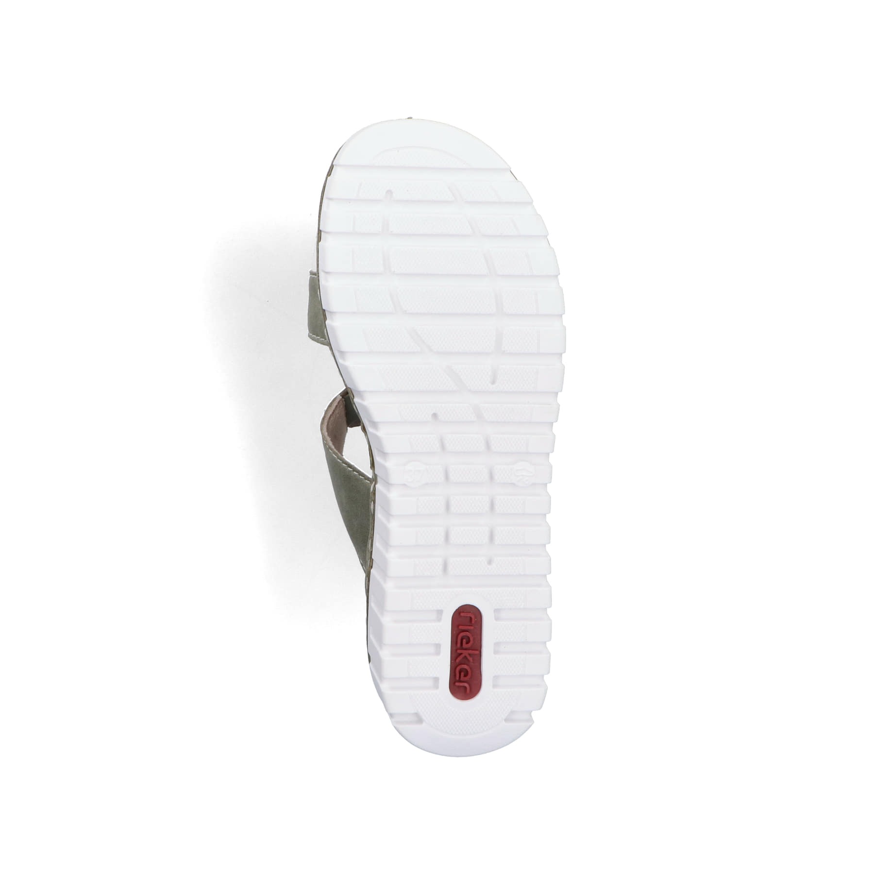 Grüne Rieker Damen Pantoletten V1396-52 mit einem Klettverschluss. Schuh Laufsohle.
