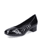 
Glanzschwarze Rieker Damen Pumps 49260-02 mit einer Profilsohle mit Blockabsatz. Schuh seitlich schräg