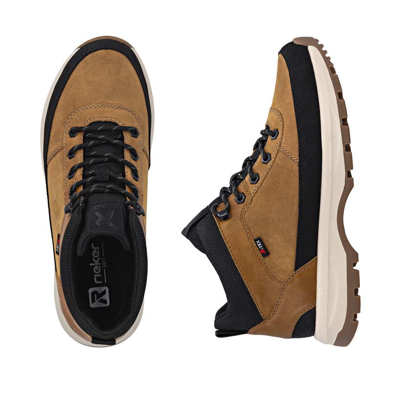 Goldgelb-braune Rieker Herren Schnürstiefel U1670-68 mit einer Schnürung. Schuh von oben, liegend.