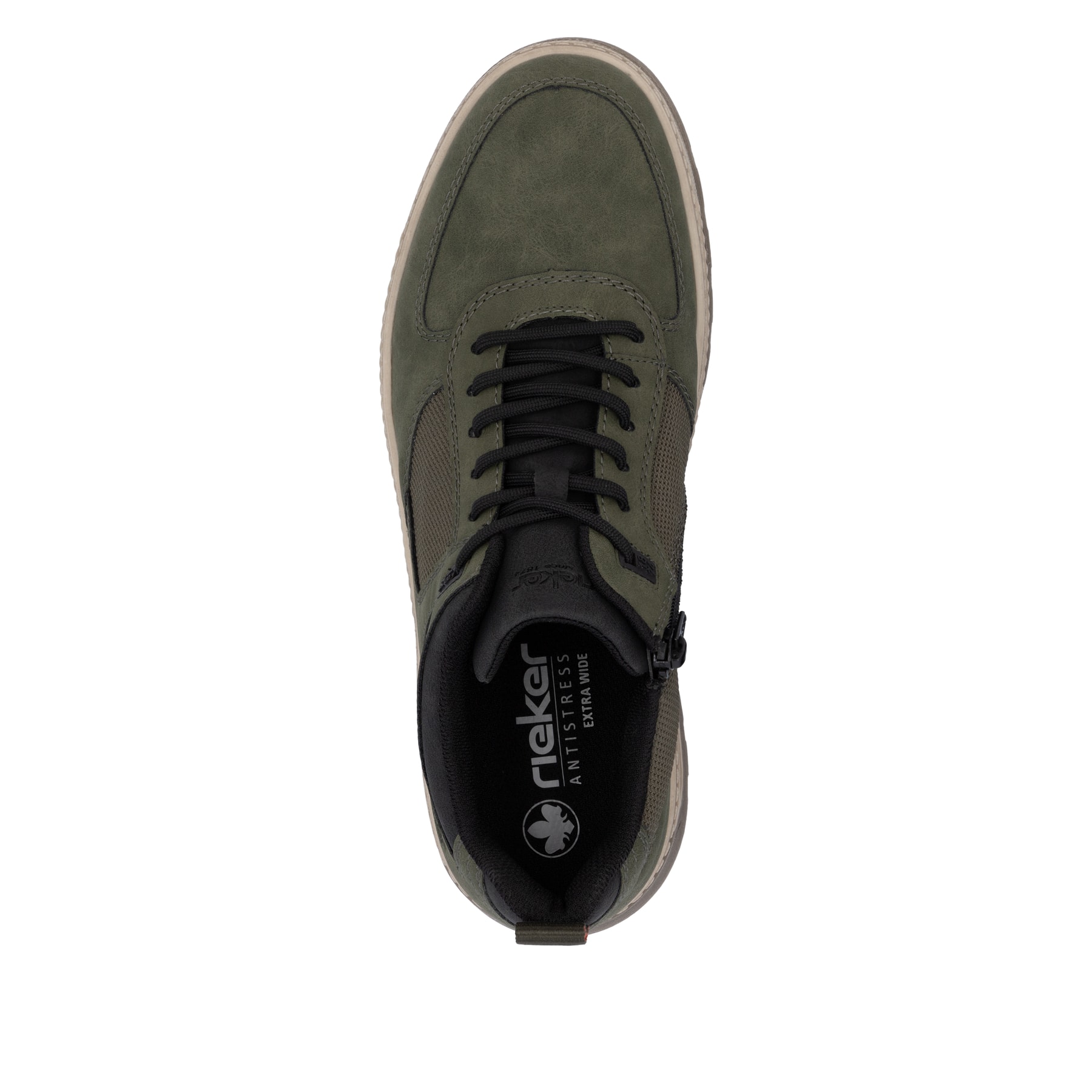 Dunkelgrüne Rieker Herren Schnürschuhe 37004-54 mit einem Reißverschluss. Schuh von oben.