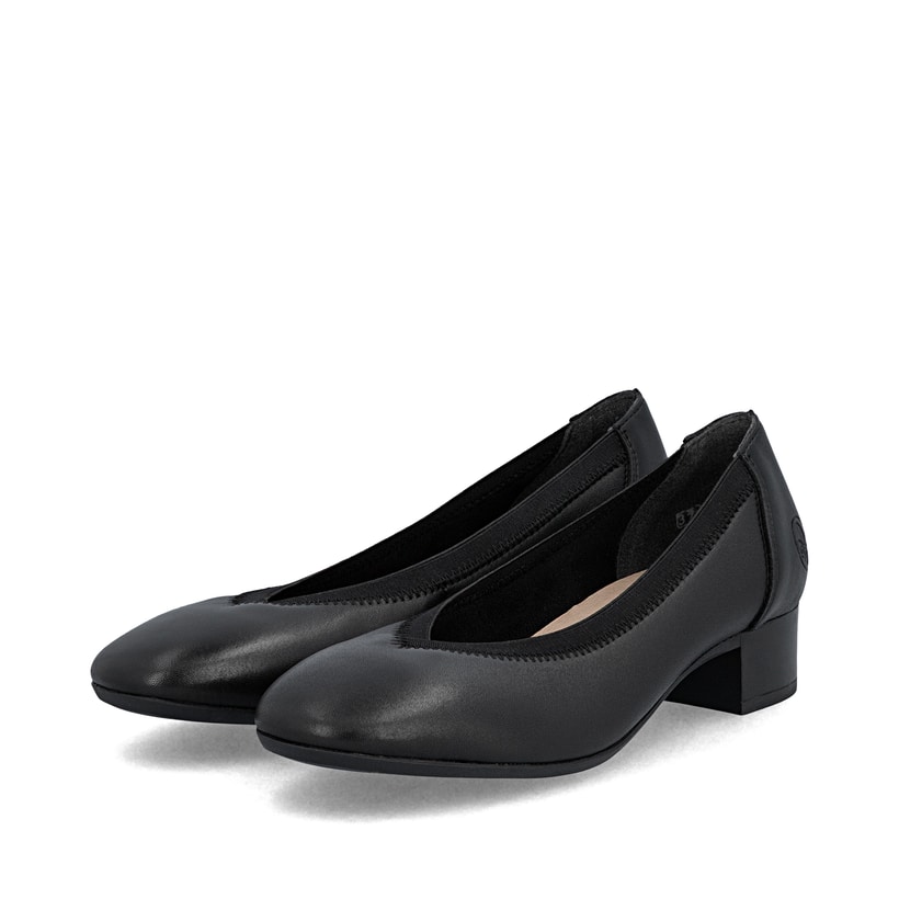 Ballerines Rieker noires pour femme 43452-00 en cuir lisse. Chaussures inclinées sur le côté.