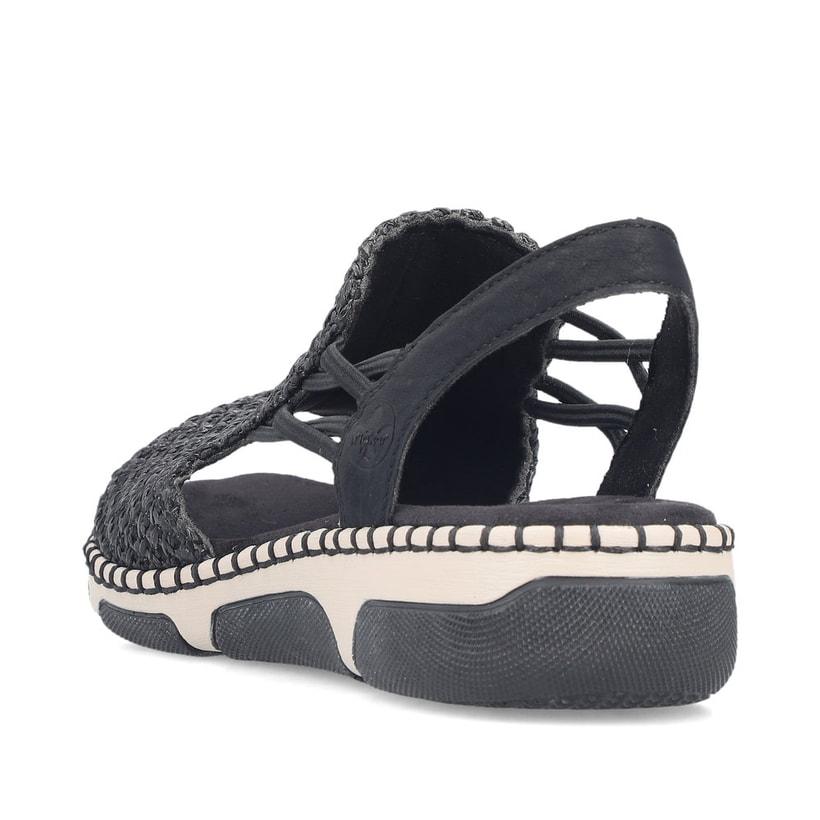 Schwarze Rieker Damen Sandalen 66241-00 mit einem Gummizug sowie Extraweite H. Schuh von hinten.