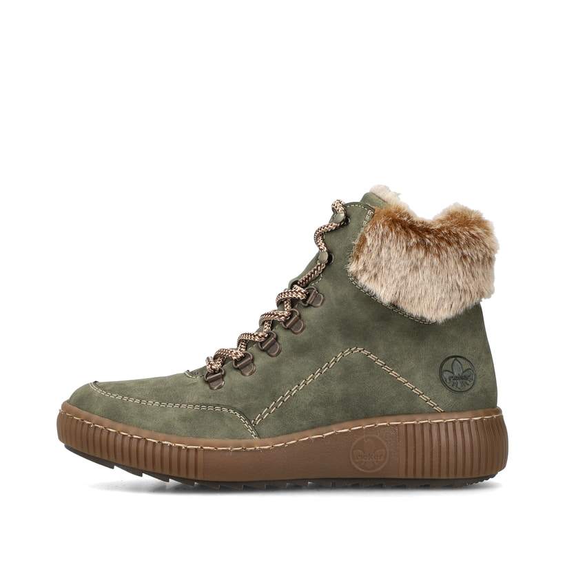 
Sonnenblumengelbe Rieker Damen Schnürstiefel Z6633-68 mit Schnürung und Reißverschluss. Schuh seitlich schräg