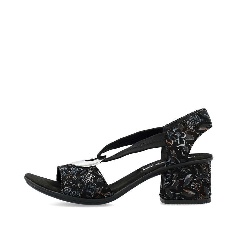 Schwarze Rieker Riemchensandaletten 64683-91 mit einem Gummizug. Schuh Außenseite.