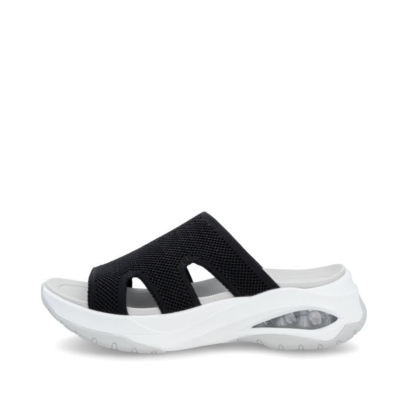 Schwarze vegane Rieker Damen Pantoletten W3150-00 mit einem Gummizug. Schuh Außenseite.