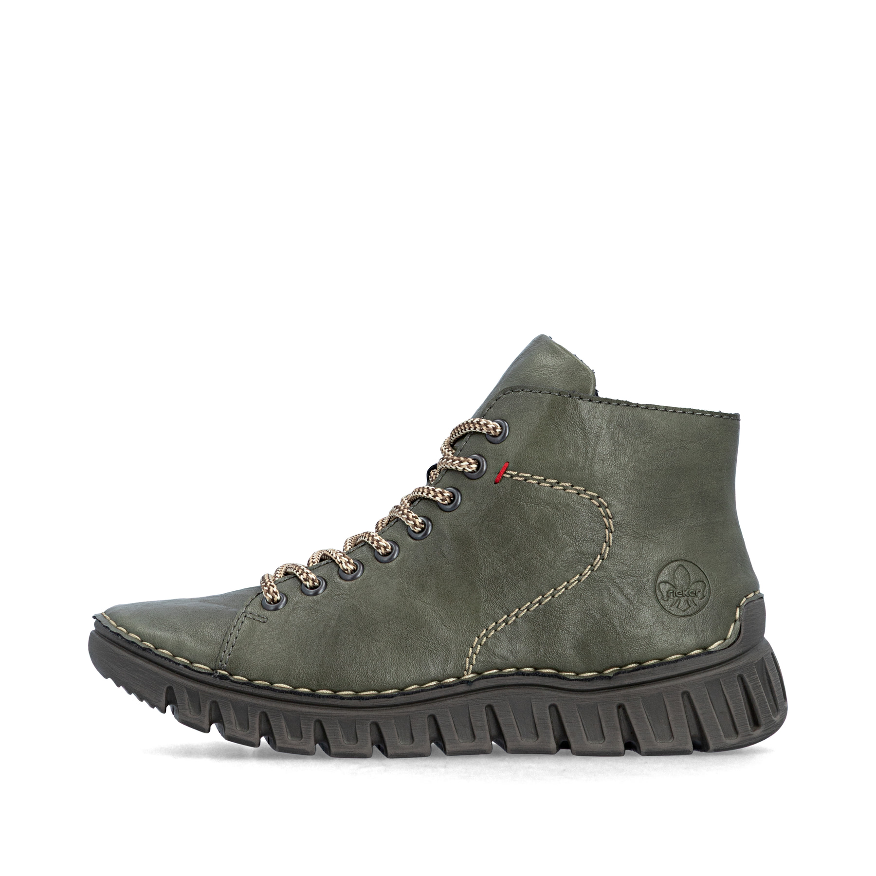 Dunkelgrüne Rieker Damen Schnürstiefel 57501-54 mit modernen Ziernähten. Schuh Außenseite.