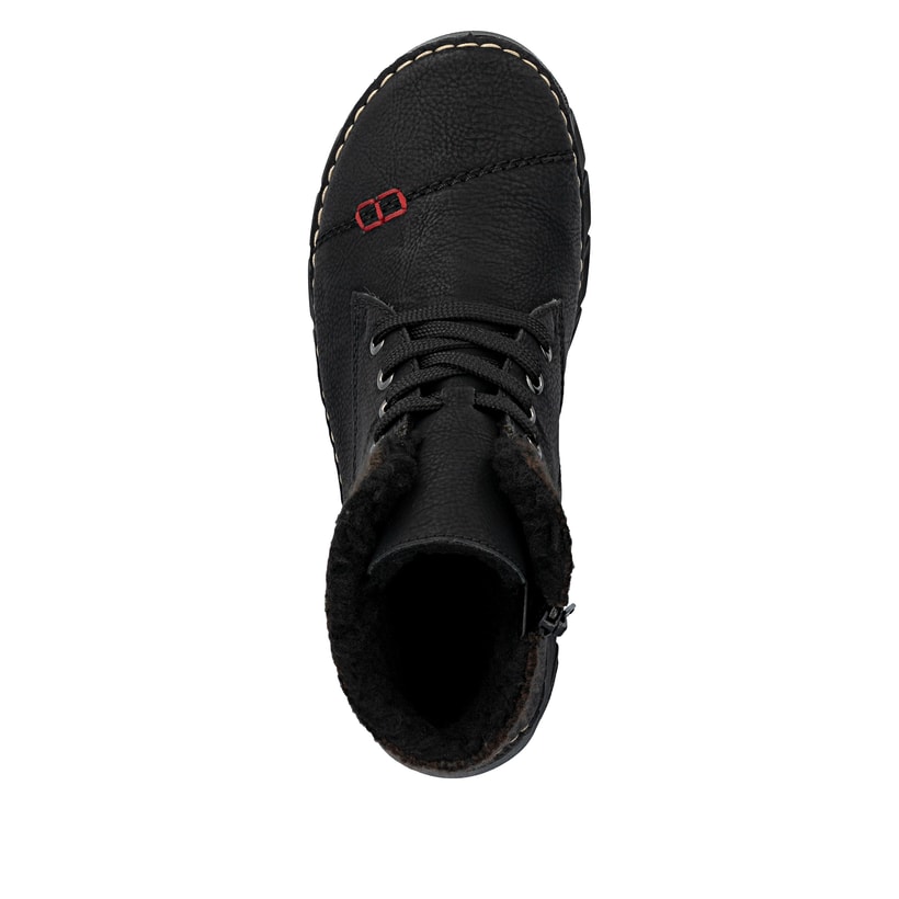 Schwarze Rieker Damen Schnürstiefel 55031-00 mit einem Reißverschluss. Schuh von oben.