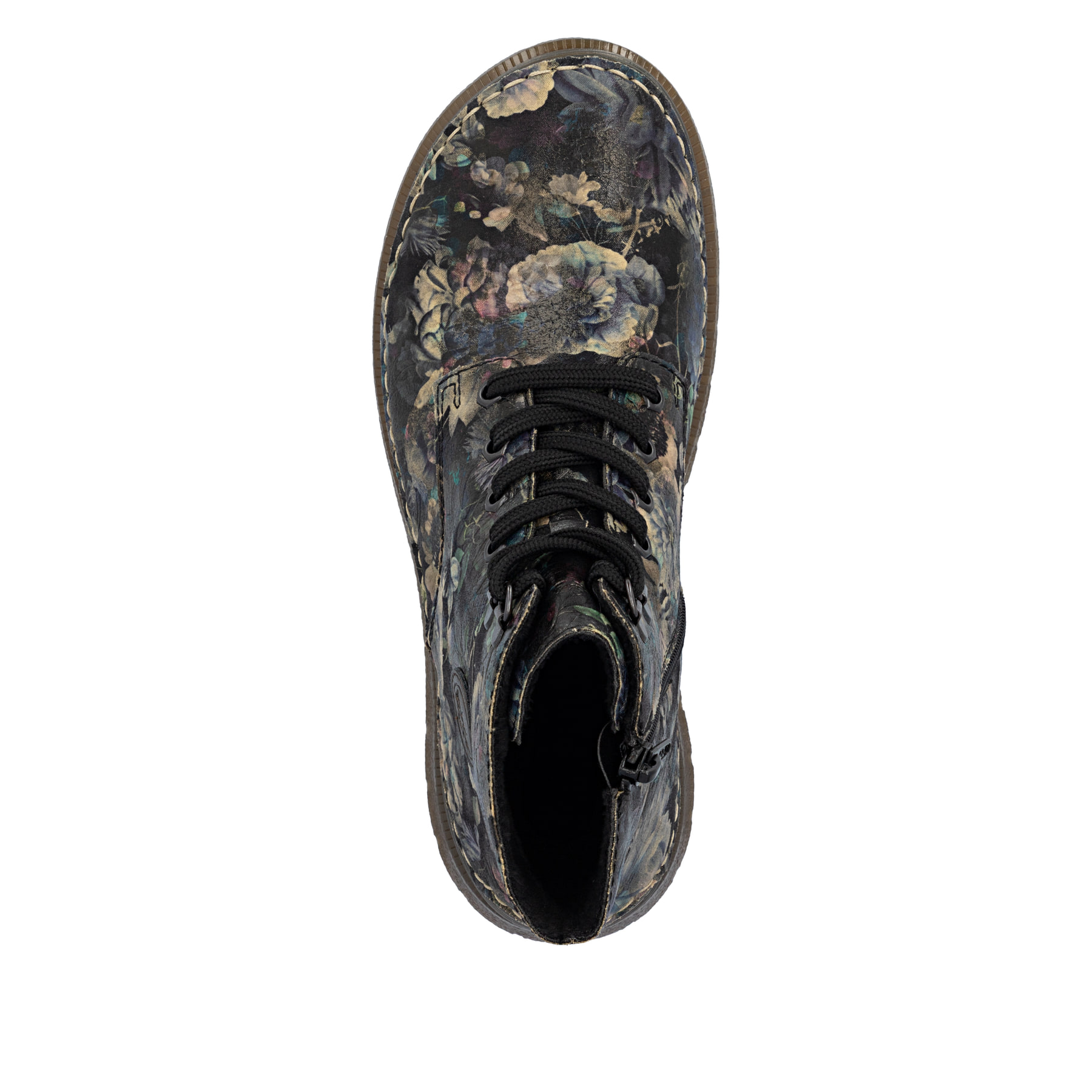 Schwarze Rieker Damen Schnürstiefel 53632-90 mit floralem Aufdruck. Schuh von oben.