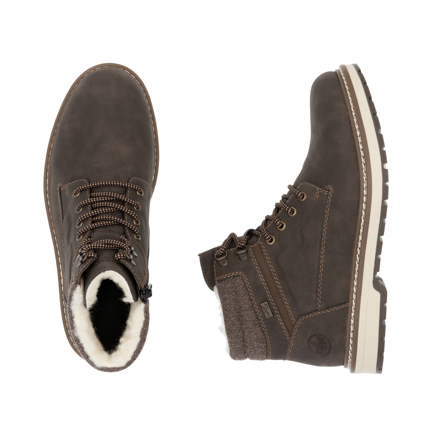 Braune Rieker Herren Schnürstiefel F3811-25 mit wasserabweisender TEX-Membran. Schuh von oben, liegend.