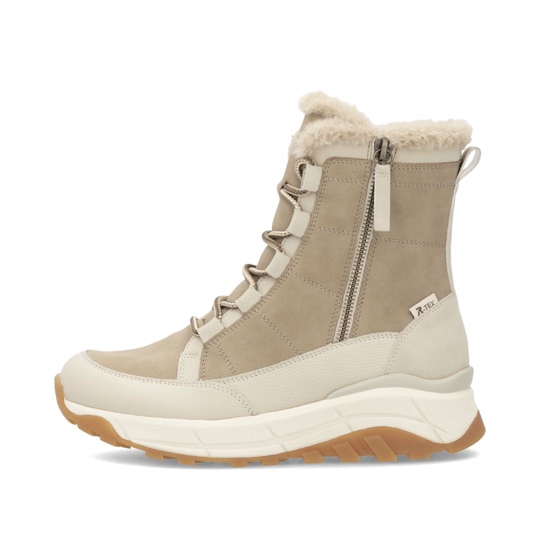 Beige Rieker Damen Schnürstiefel W0071-20 mit wasserabweisender TEX-Membran. Schuh Außenseite.