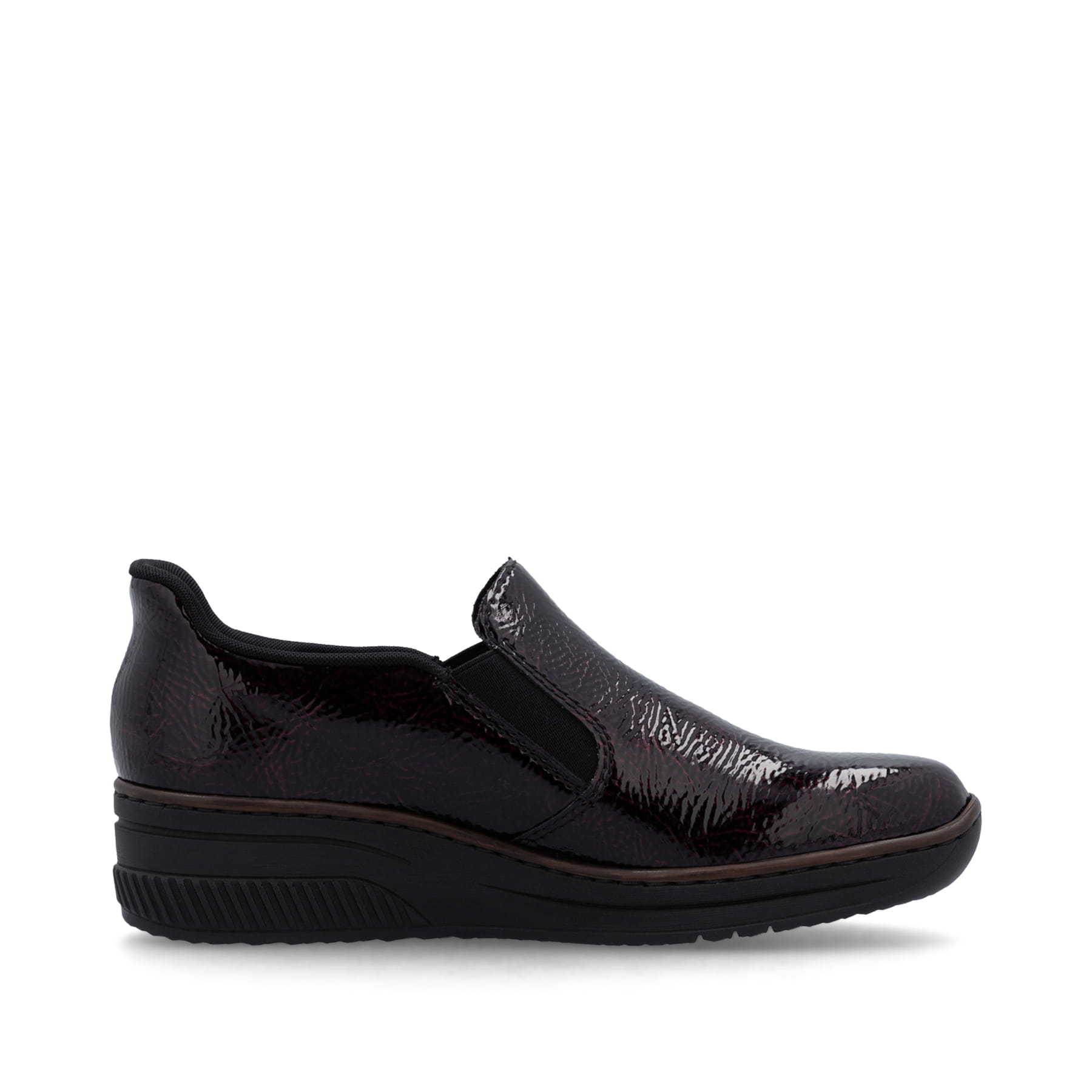 Rote Rieker Damen Slipper 48761-35 mit einem Gummizug sowie schmaler Passform E. Schuh Innenseite.