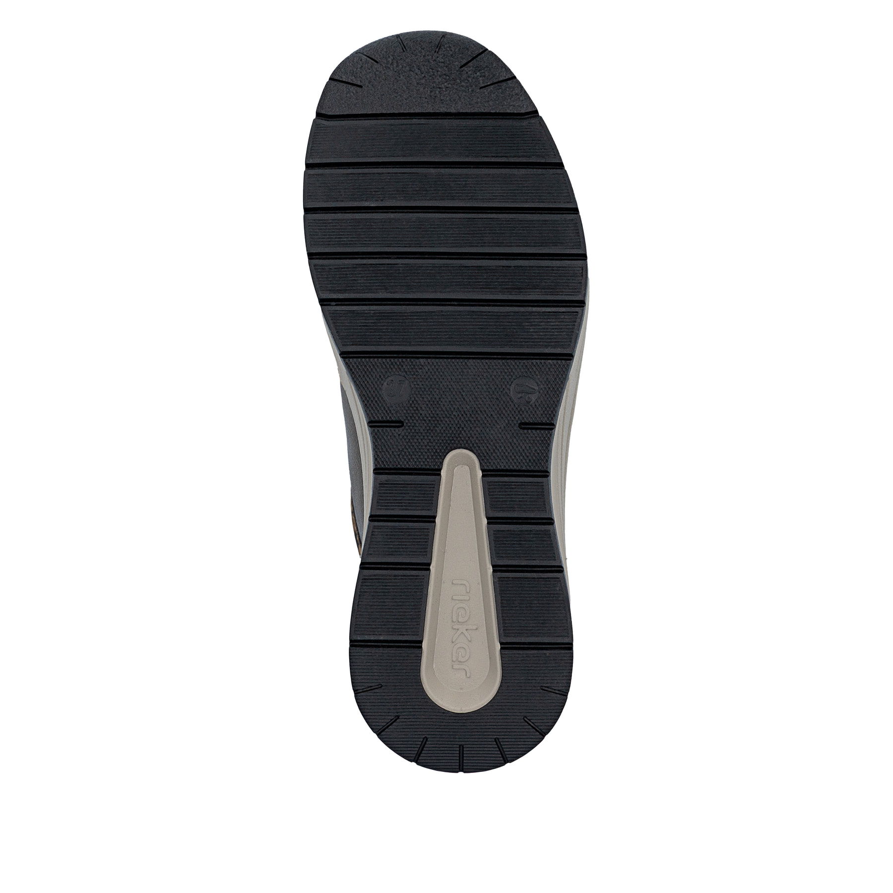 Baskets basses Rieker beiges pour femme N9503-20 avec imprimé léopard. Semelle extérieure de la chaussure.