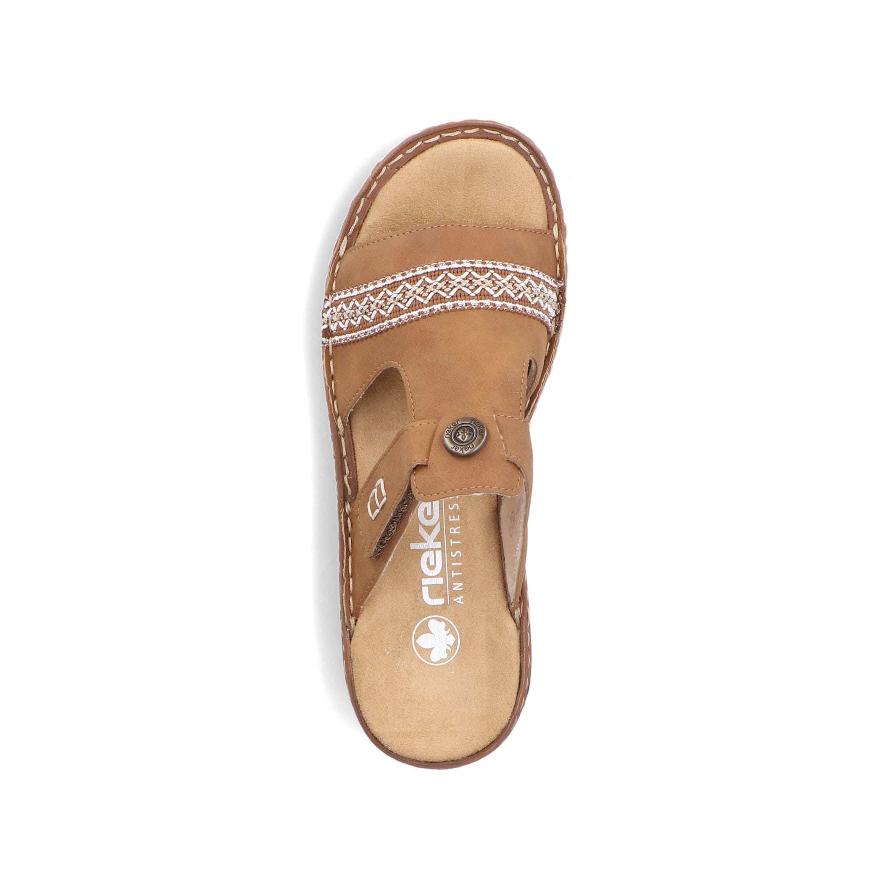 Braune Rieker Damen Pantoletten V2850-24 mit modischen Flechtelementen. Schuh von oben.